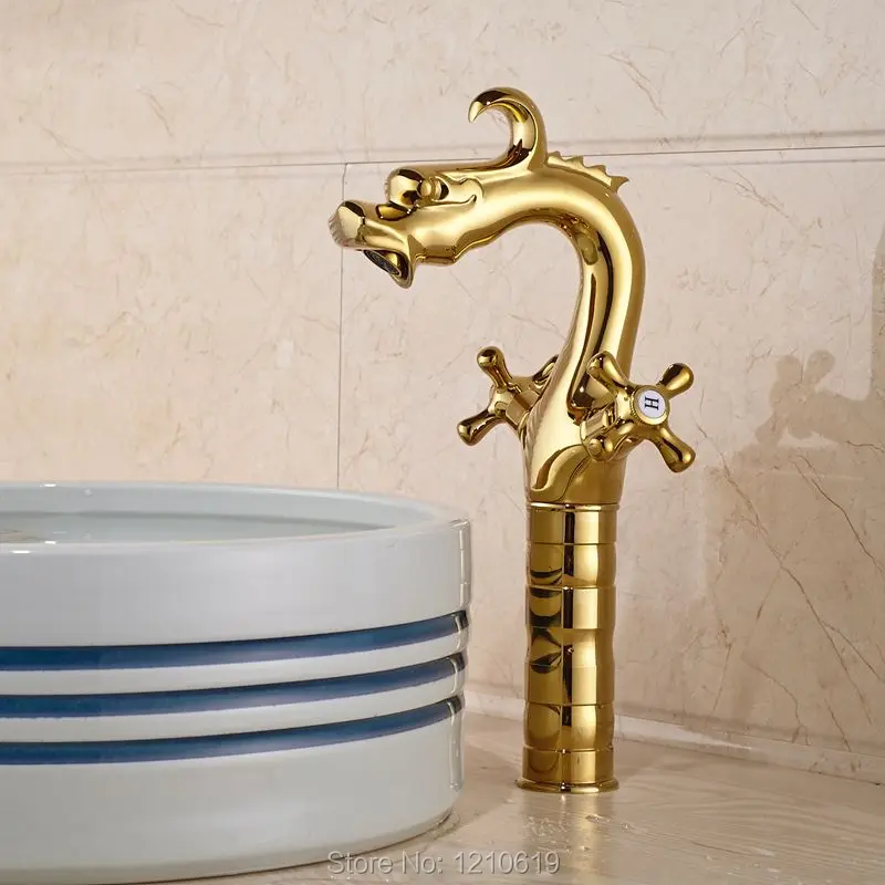 Новый роскошный смеситель для раковины в стиле дракона с двумя ручками золотой