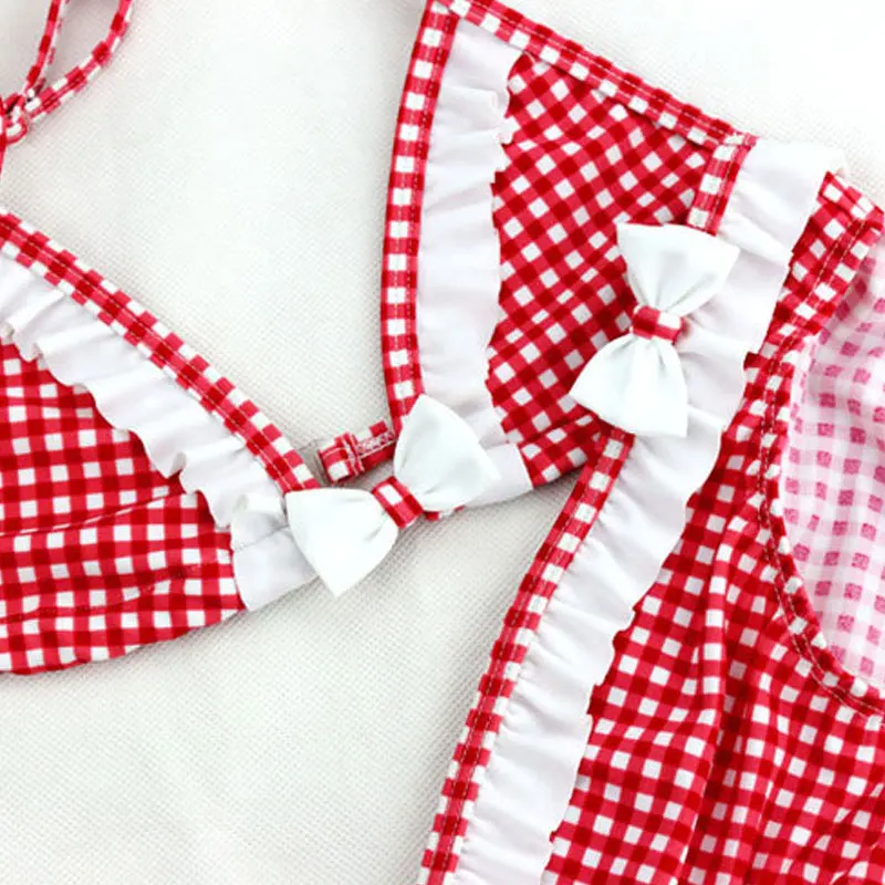 Купальник для девочек новинка 2019 Детский милый клетчатый летний раздельный