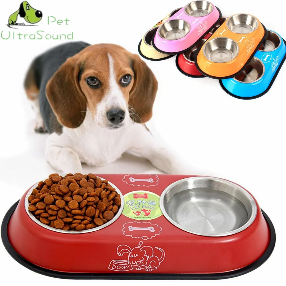 

ULTRASOUND PET Dog Cat Double Stainless Steel Bowl For Dog Cat Small Pet Food Water Feeder Feeding Puppy Non Slip Drinking Dish