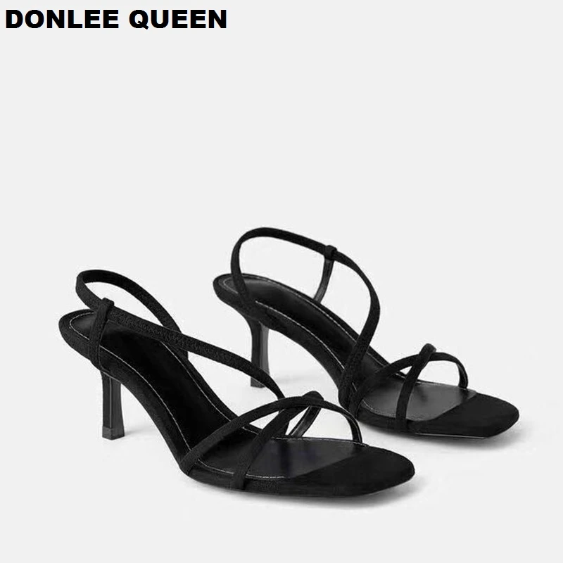 DONLEE QUEEN/черные сандалии-гладиаторы; летняя офисная обувь на высоком каблуке; женские сандалии с ремешком на щиколотке; обувь для вечеринок; женские повседневные шлепанцы