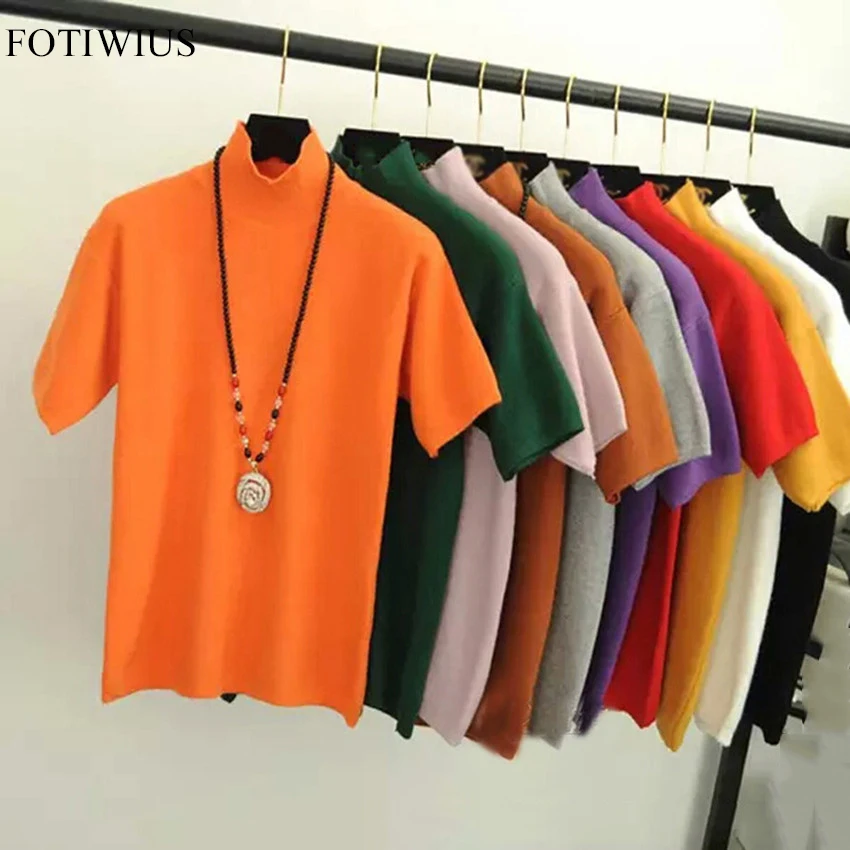 Женская трикотажная футболка с высоким воротником и коротким рукавом|tee shirt