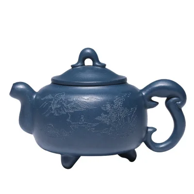 Azure Mud Pot Подлинный горшок Zisha Yixing НЕОБРАБОТАННАЯ руда Azure Mud известный ручной чайник резной пейзаж чайный сервиз - Цвет: Azure Mud Pot