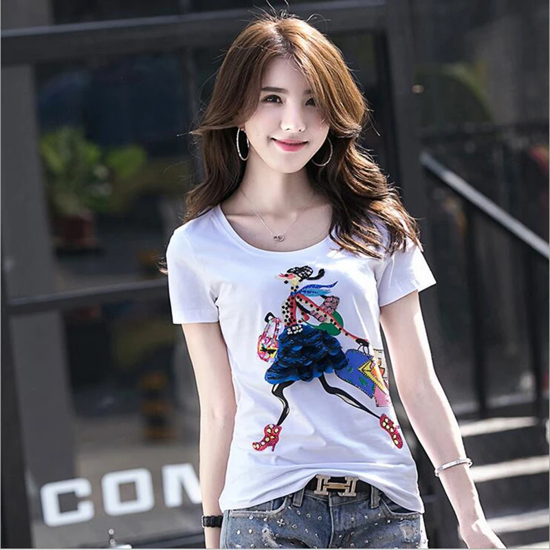 Лидер продаж женская футболка Лето 2017 Новые Топы мультяшная девушка кружевная