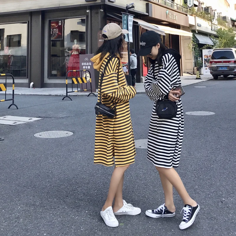 women clothes 2018 new arrival autumn korean fashion student long sleeve stripe hooded casual cotton ladies sweater dresses | Женская