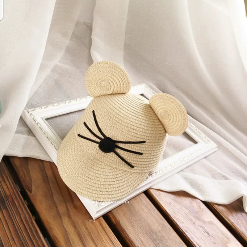 new Summer big ears baby cats hat cute children sunscreen shade sun hat Bucket cap Cartoon image straw hat girl Breathable