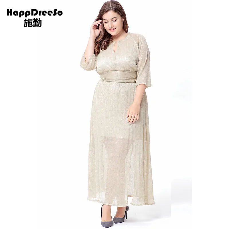 Eoropean Women Summer Dress O Neck Half Sleeve Plus Size 6XL Beige Draped Split Vestidos longos de verao | Женская одежда
