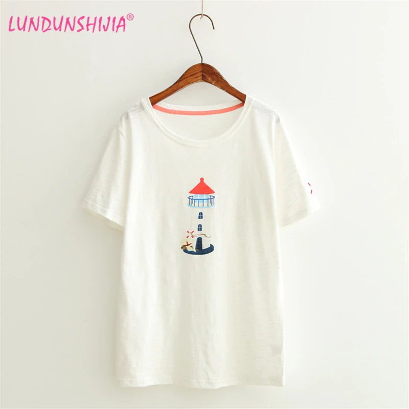 Женские повседневные хлопковые футболки LUNDUNSHIJIA с коротким рукавом и круглым