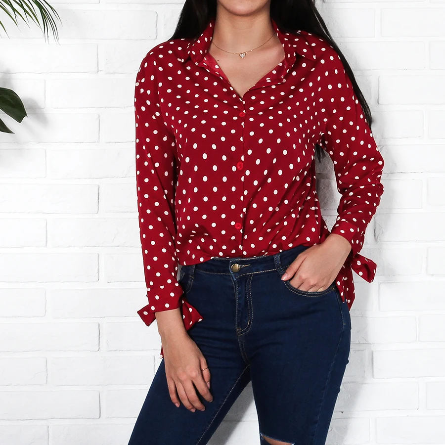 Red Vintage Polka Dot Shirts Women 2018 Autumn New Arrival Fashion Bow Long Sleeve Blouses Ladies Plus Size Casual Chiffon Tops | Женская