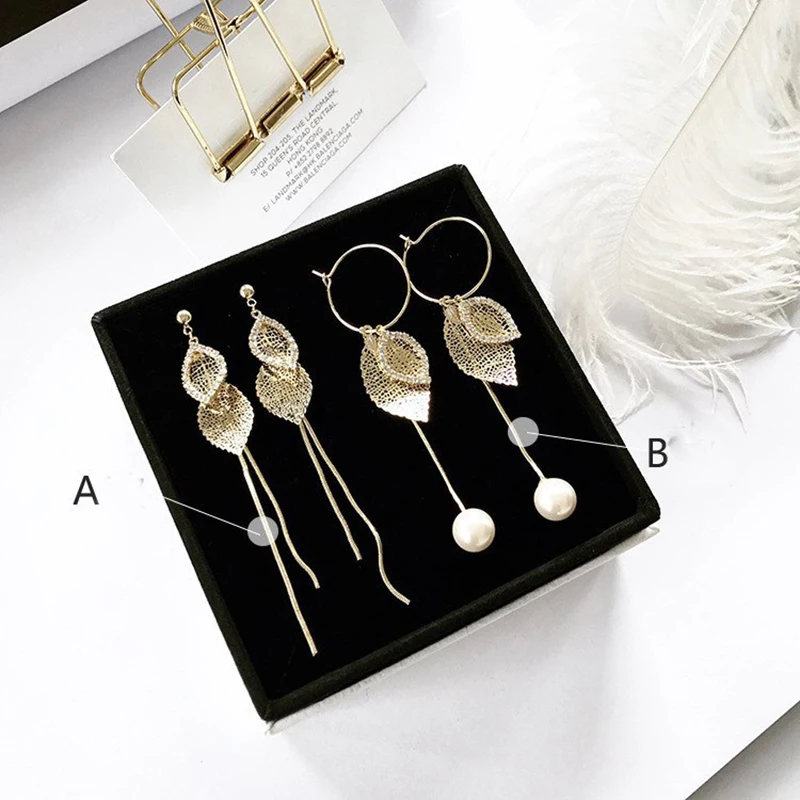 2019 женские серьги темперамент жемчужный лист длинные с кисточками Женские