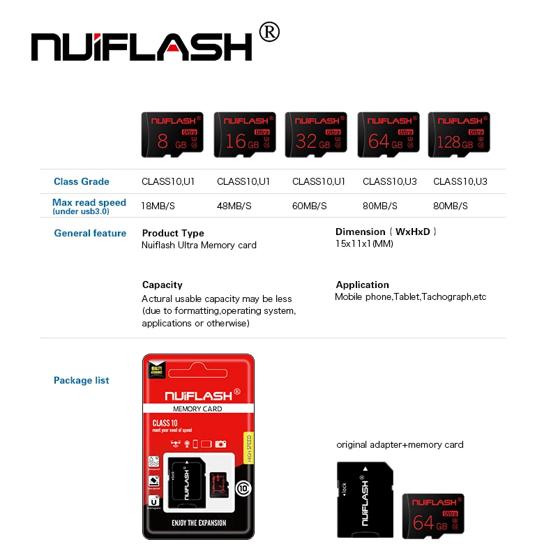 Nuiflash micro sd карта 256 Гб карта памяти 16 ГБ 32 ГБ 64 Гб MicroSD Max 48 м/с Uitra C10 TF карта U3 128G cartao de memoria для планшета