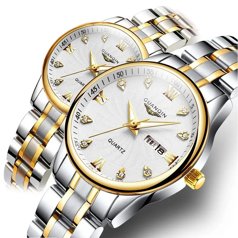 gold white GUANQIN парные часы, набор, новые мужские женские часы для влюбленных, часы из нержавеющей стали, роскошные золотые кварцевые часы, женские часы, мужские женские часы - Цвет: gold white