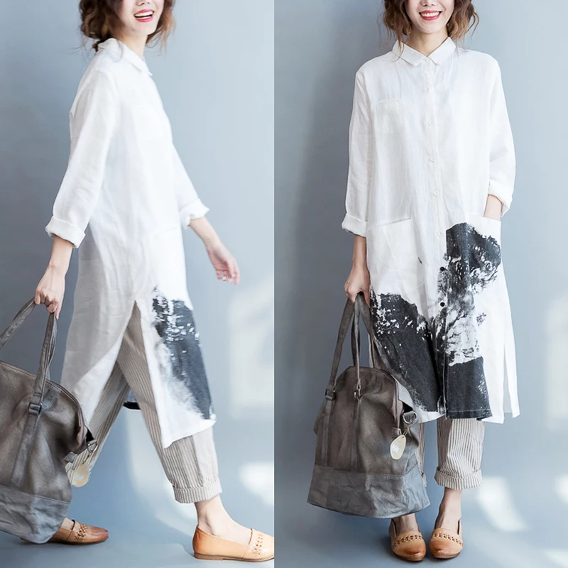 

U-SWEAR 2020 spring new literary plus fat XL women's fat loose cotton linen shirt casual linen long shirt