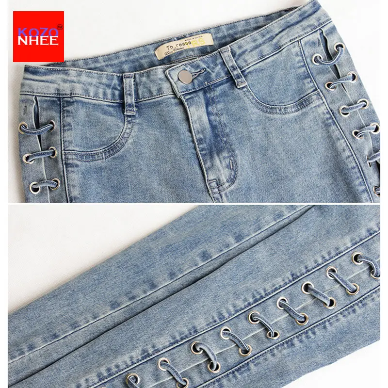 Женские узкие джинсы стрейч синие повседневные карандаш на завязках|jeans with|pencil