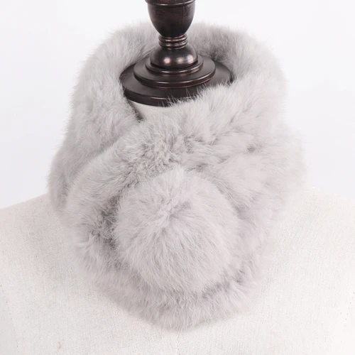 LIGHT GREY Шарф из натурального меха, новинка, зимний женский шарф из натурального кроличьего меха, женские теплые шарфы с помпонами из кроличьего меха - Цвет: LIGHT GREY