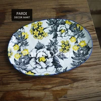 export european hand kneading irregular line drawing yellow glazed ceramic fish plate long plate oval plate 1pclot