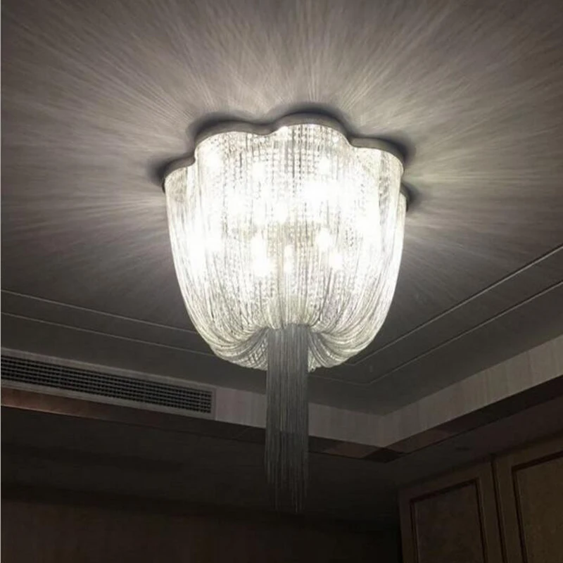 

Post-modern luxury tassels aluminum chain ceiling lamp living room bedroom stainless steel chain crystal chandeliers led lamps