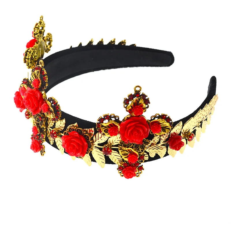 Retro Palace Baroque Crown Gold Leaves Wide Cross Headband Rose Flower Velvet Headdress For Women Bride Wedding Hair Accessories | Украшения