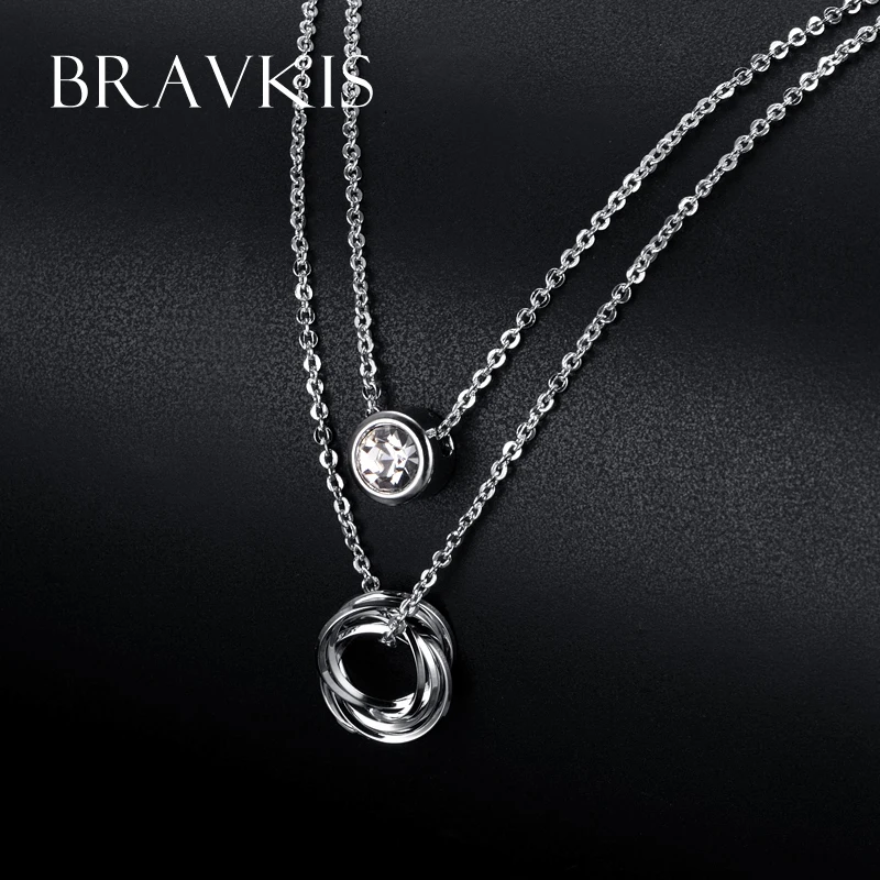 BRAVEKISS Double Layer Necklace Alloy Crystal Rhinestone Charm Necklaces Round Pendants Choker for Women mujer jewelry BUN0119B | Украшения