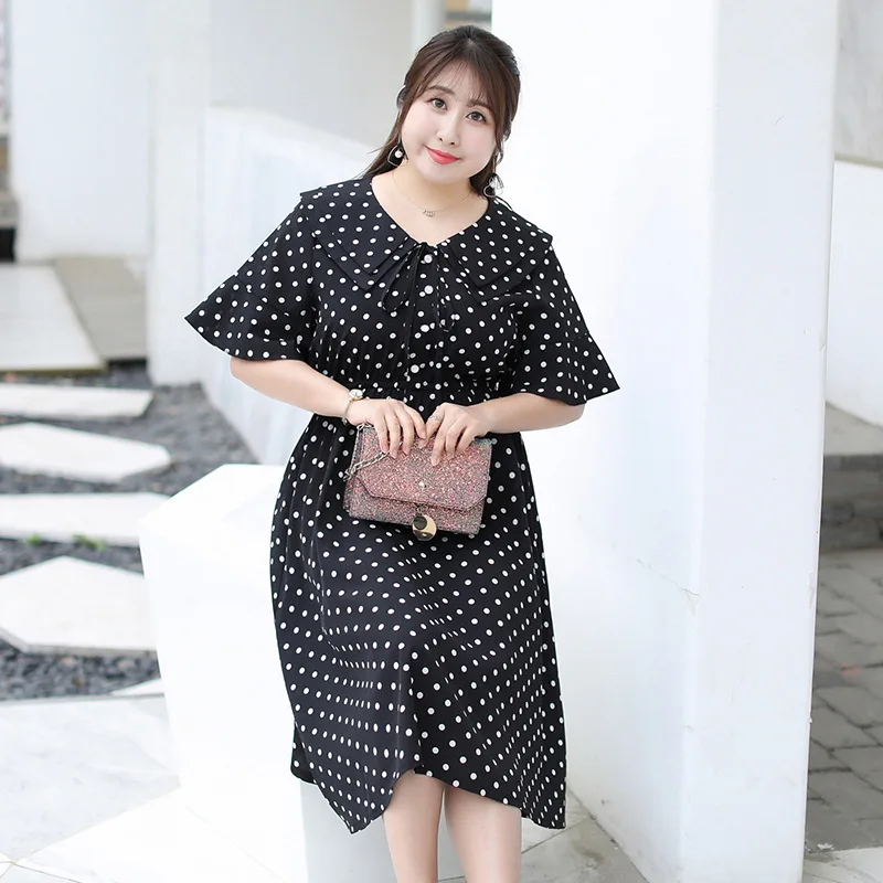 XL-4XL 2019 Summer Large size Women Dress Casual Polka Dot Plus Ruffles Peter Pan Collar Elegant Office Lady Vestidos | Женская одежда