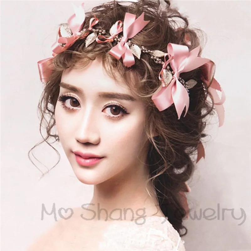 Женский обруч для волос с искусственным жемчугом розовым бантом свадебный