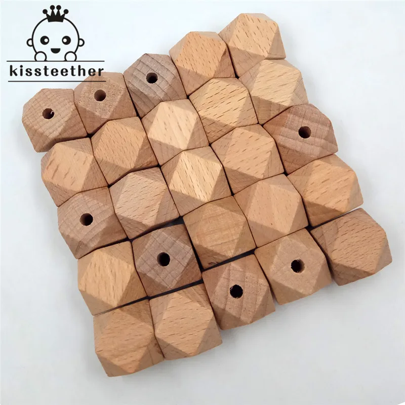 Cuentas de madera de haya de 25 piezas, abalorios de madera hexagonales geom&eacute;tricos naturales sin terminar de 20mm para mordedor de beb&eacute; DIY-0