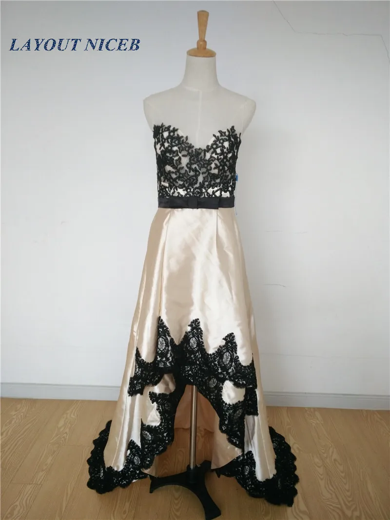Шампанское Высокая Низкая вечерние платья 2017 чёрные кружевные аппликации плюс