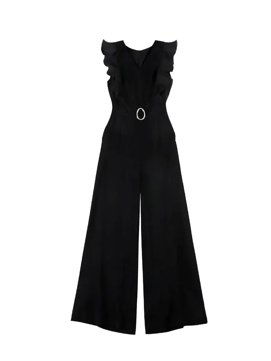 Черный Черный элегантный офисный женский сплошной гофрированный комбинезон без рукавов летняя рабочая одежда женские комбинезоны - Цвет: Черный