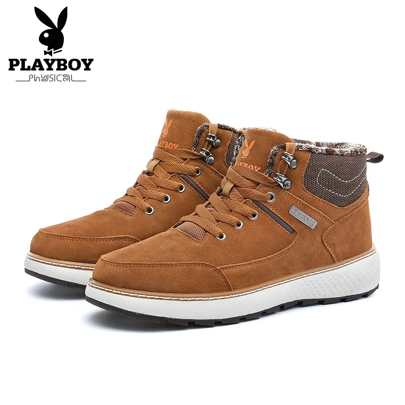 

PLAYBOY New Winter Men's Boots Cow Suede Warm Velvet Snow Boots High Short Plush Leather Add Wool Cotton Shoes DS87268