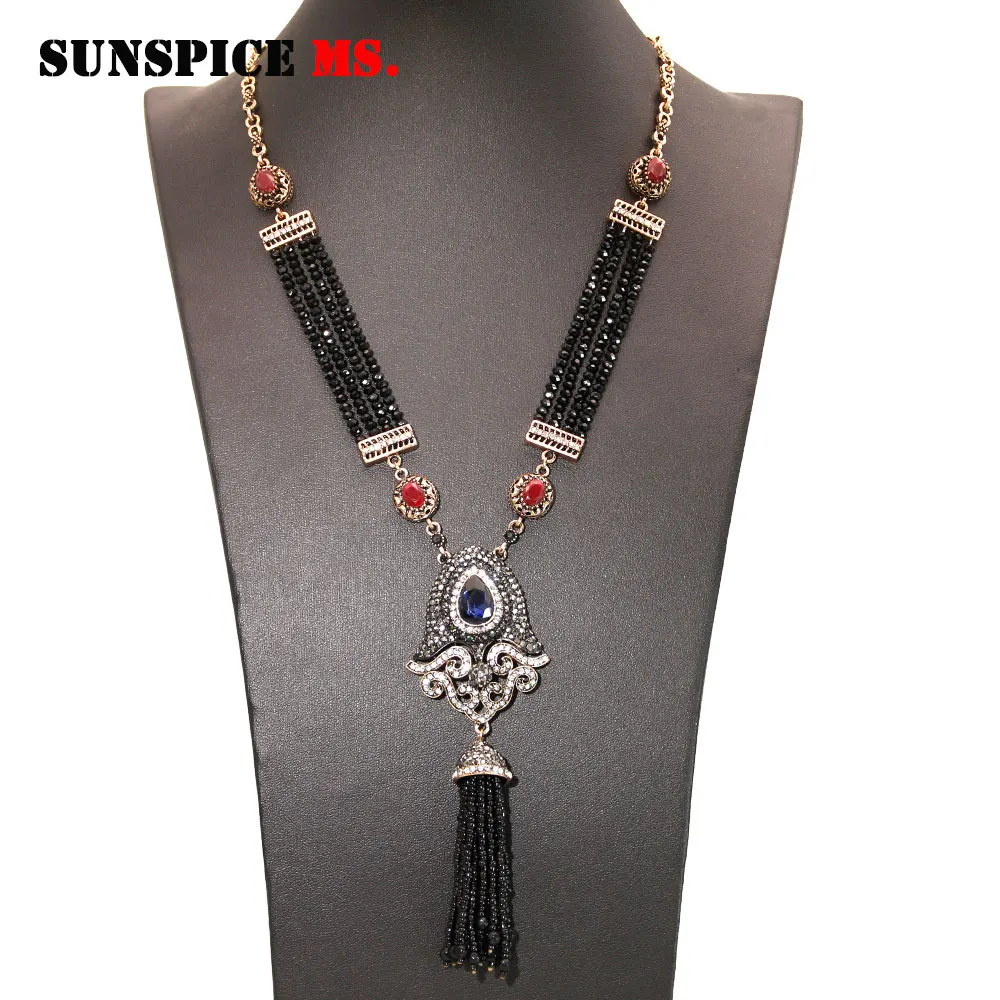LL901BLUE SUNSPICE-MS турецкий винтажное ожерелье из бусин-цветов в стиле ретро; цвет золотистый длинные черные камни цепочки в этническом стиле свадебные ювелирные кристаллы подвеска - Окраска металла: LL901BLUE