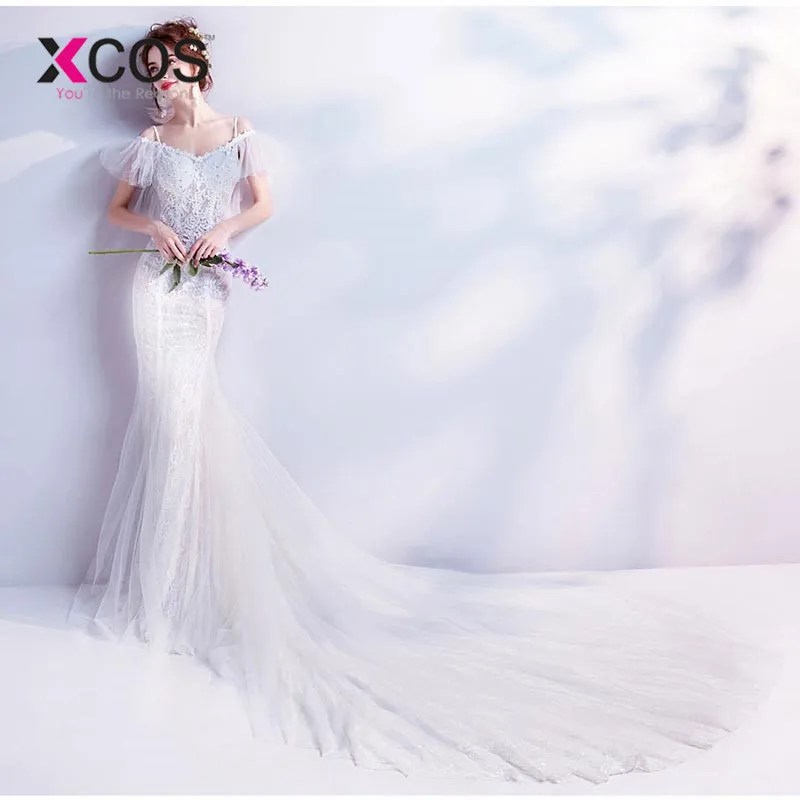 XCOS сексуальное Белое свадебное платье-Русалка 2018 настоящая цена кружевное