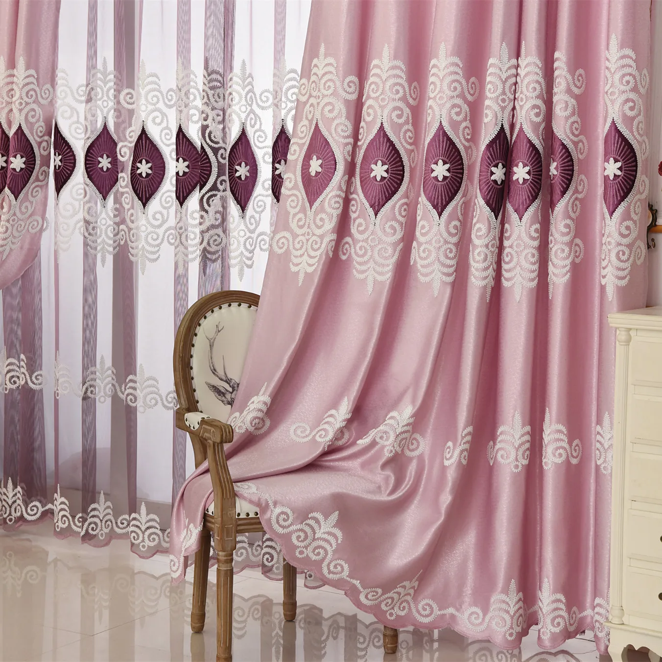 

Chinese Style Embroidery Curtains for Living Room Embroidered Pink Curtain Cheap High-end Simple Modern Tulle Curtain