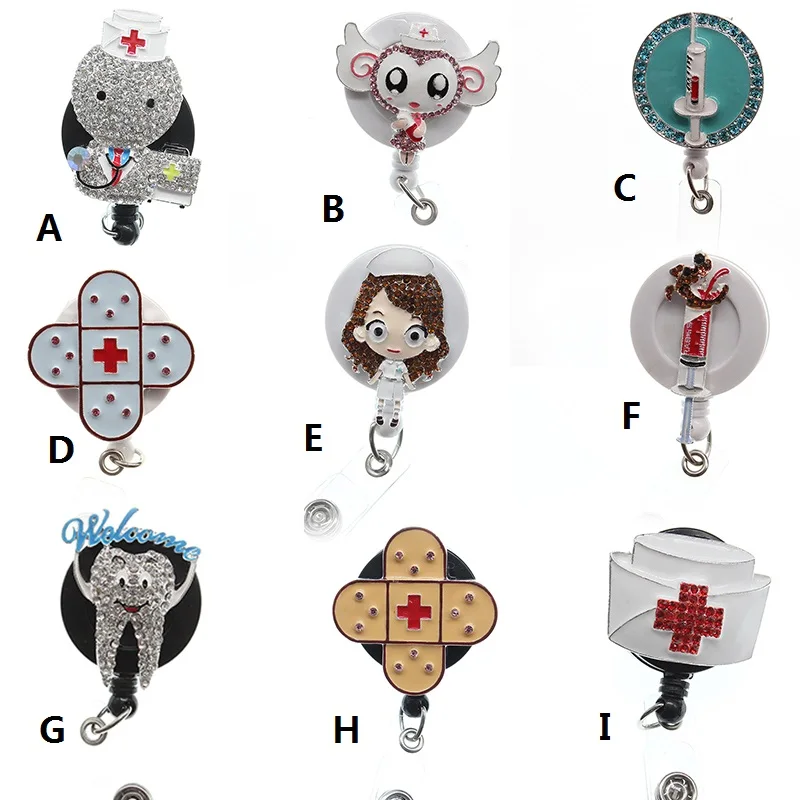 

Wolesale 100pcs/lot sparkly rhinestone medical nurse doctor different style Retractable id badge holder reel
