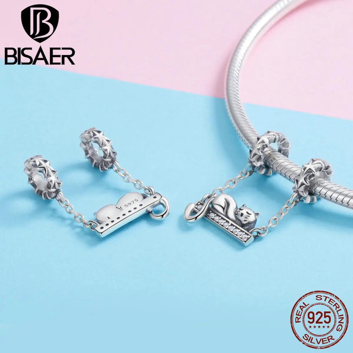 BISAER 925 пробы Серебряный спящий Кот Подвески светящиеся звезды бусины подходят для очаровательных браслетов подлинное Серебро 925 Изготовление ювелирных изделий