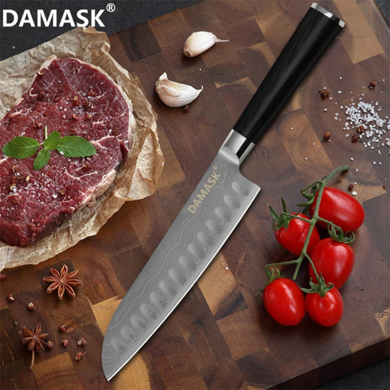 Дамаск Кухня ножей VG10 Сталь лезвие Пособия по кулинарии нож для хлеба Santoku