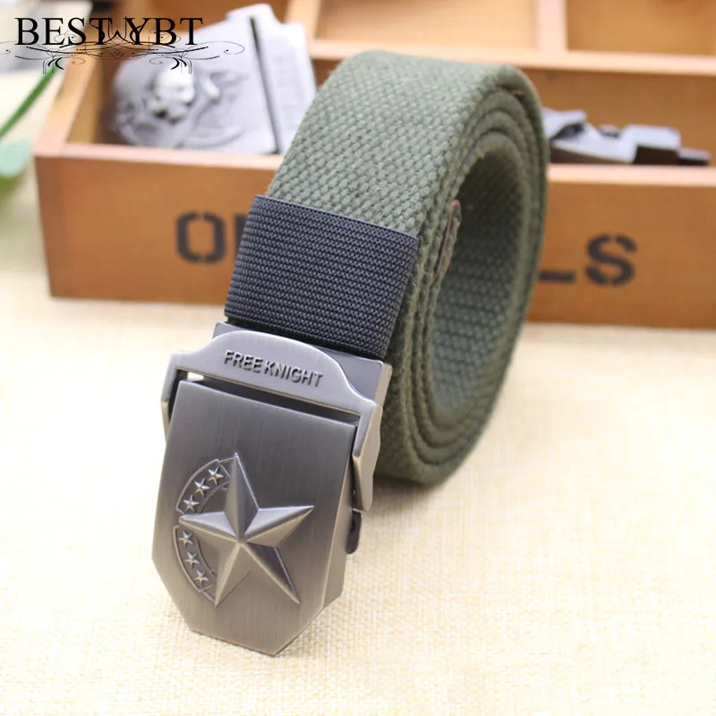 

Best YBT Unisex Belt Canvas Alloy Automatic buckle Women Belt Five pointed star Army Style Cowboy sports Hot Selling Men Belt