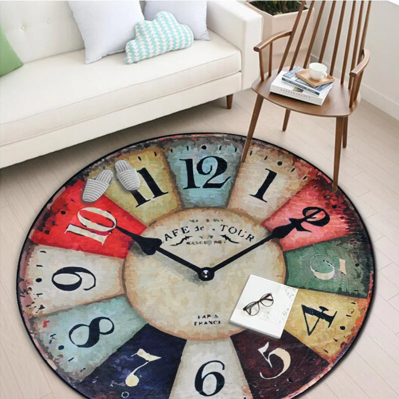 

Retro Wall Clock Carpet Round Living Room Area Rug Crystal Velvet Memory Foam Bedroom Rug Kids Play Gaming Mat Chair Mat Doormat