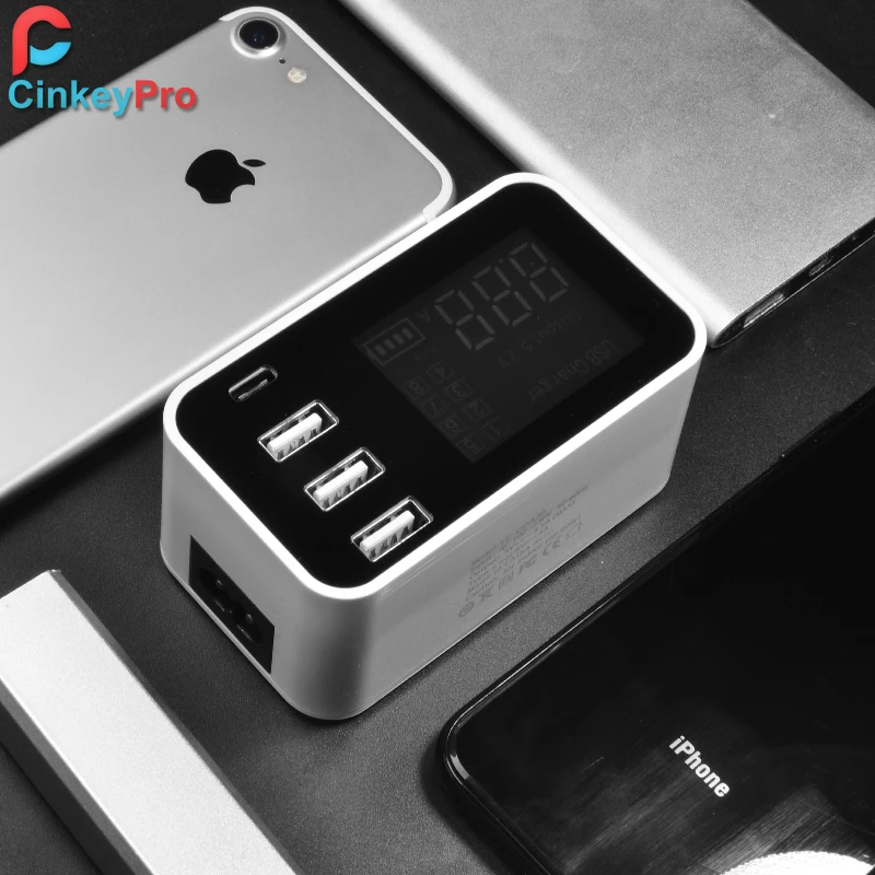 Зарядное устройство CinkeyPro со светодиодным дисплеем 3 порта USB Type C для Samsung iPhone iPad