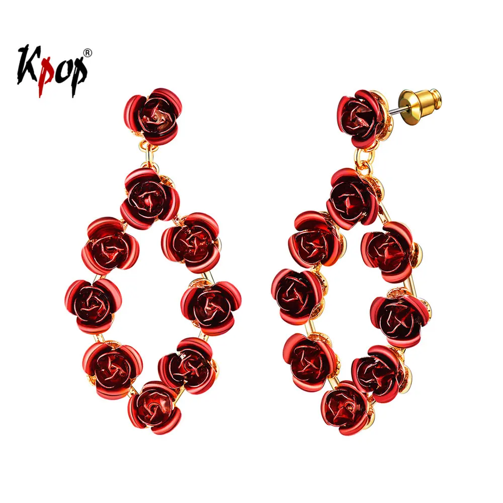

Kpop Red Rose Drop Earrings Wedding Bridesmaid Jewelry Gold Color Enamel Rose Flower Earrings with Sterling Silver Studs E63634