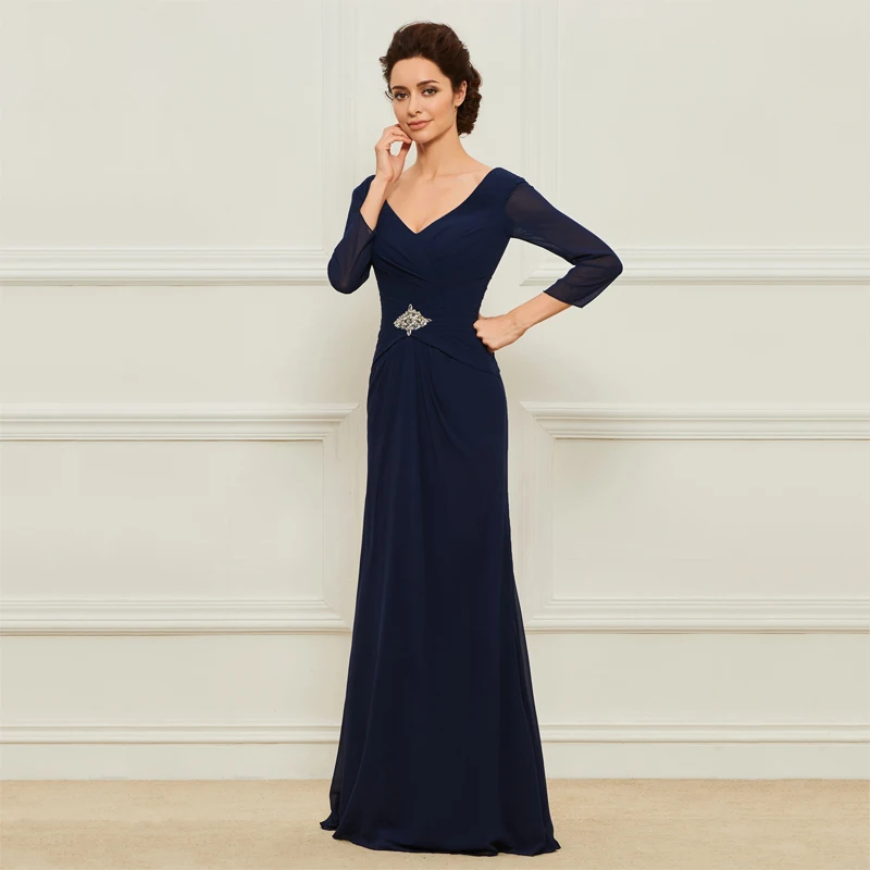 Dressv темно-синее длинное платье для матери невесты с v-образным вырезом