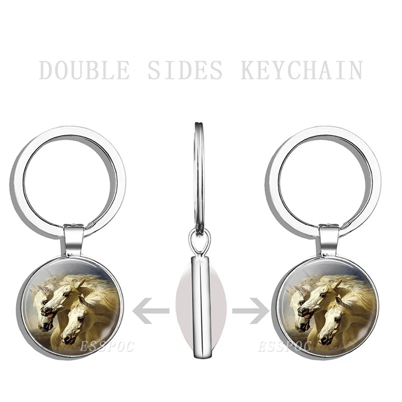 Брелок с тремя белыми лошадками стеклянный кабошон модный двухсторонний