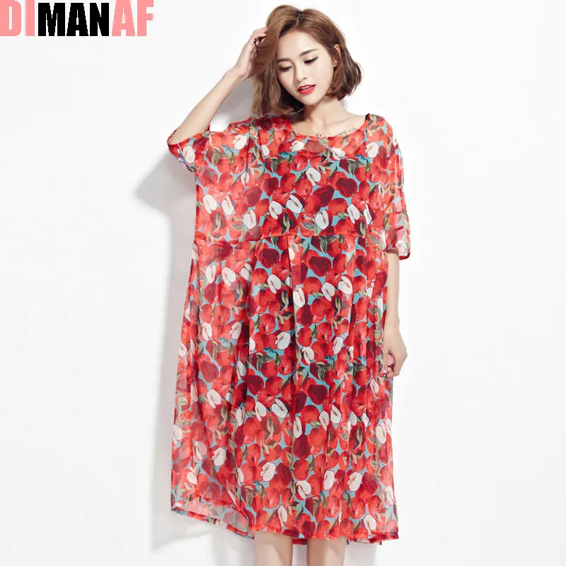 Женское шифоновое платье DIMANAF повседневное праздничное оверсайз с принтом яблок