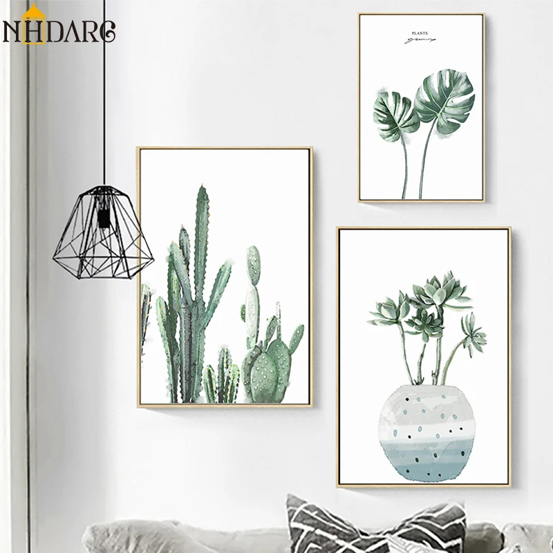 

Nordic Modern Green Natural Cactus Leaves Wall Art Posters and Prints Canvas Painting Wall Pictures for Living Room Home Decor