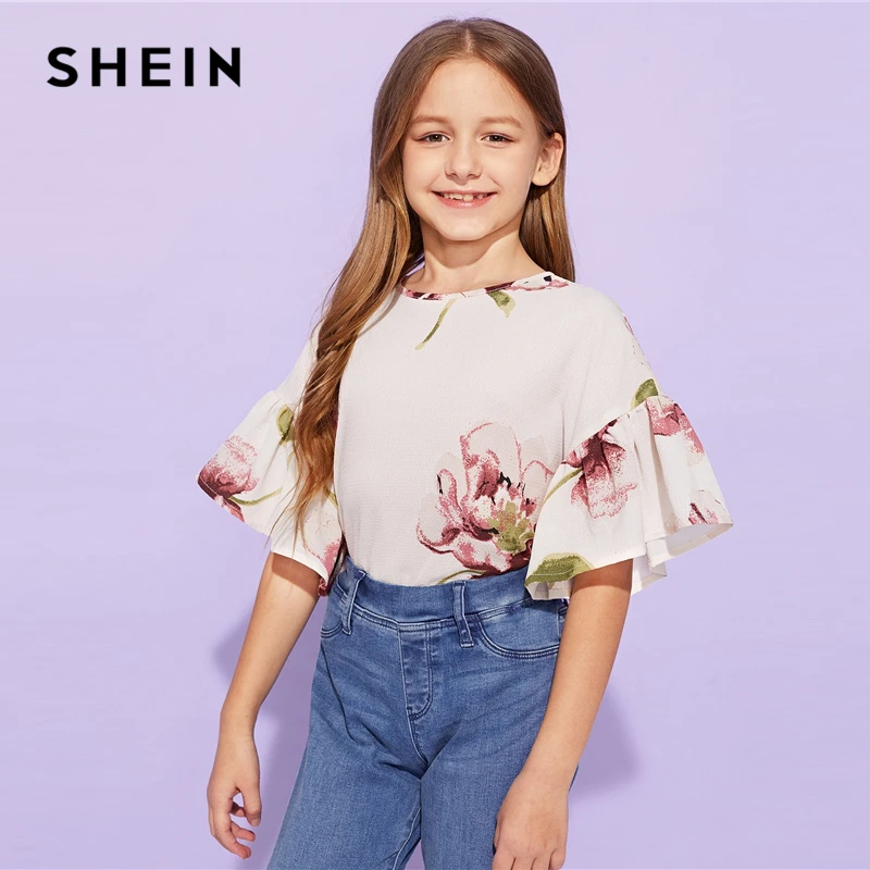 SHEIN/детская блузка с абрикосовым цветочным принтом для девочек; топы для девочек; коллекция года; сезон лето; милые корейские футболки с короткими рукавами и оборками; детская одежда