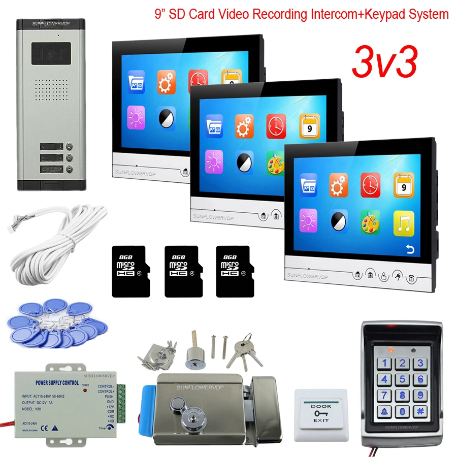 

Access Control Keyboard System 3 Apartments Home Phone With Lock 9" Color 8GB SD Card Recording House Intercom Rfid Cards Kit