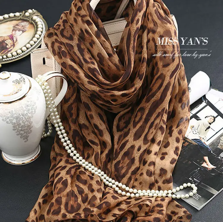 Шарф женский из натурального шелка модные кофейные шарфы с леопардовым принтом