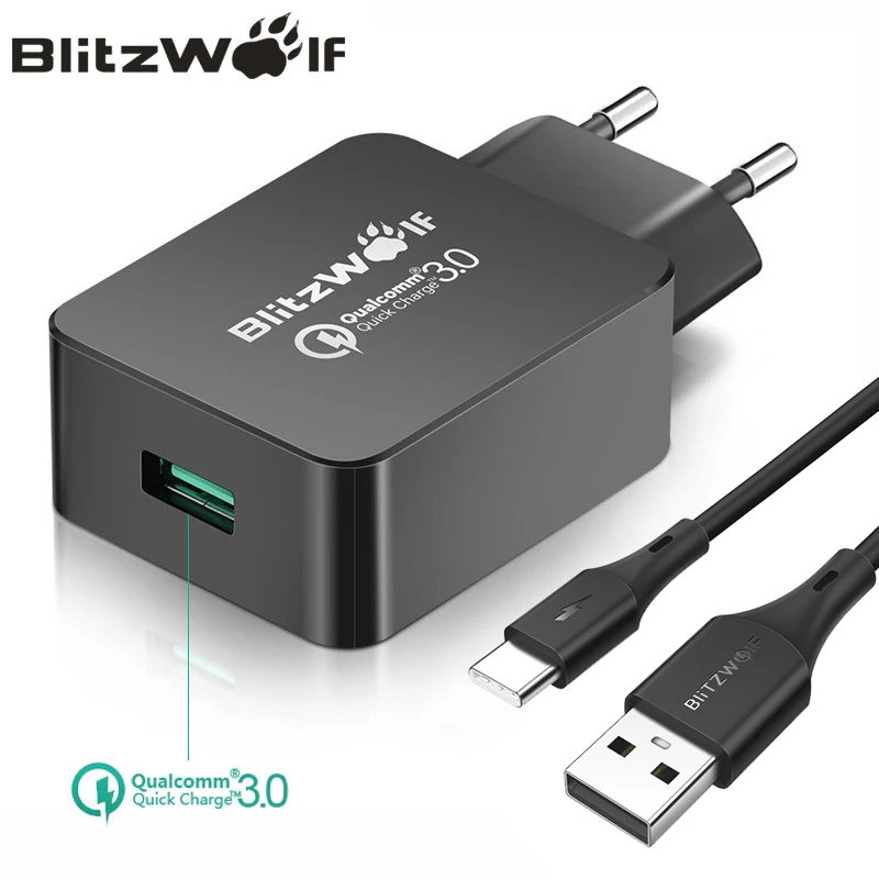 BlitzWolf QC3.0 USB Charger EU Mobile Phone Adapter Wall Travel With Cable For Xiaomi Samsung iPhone зарядное устройство