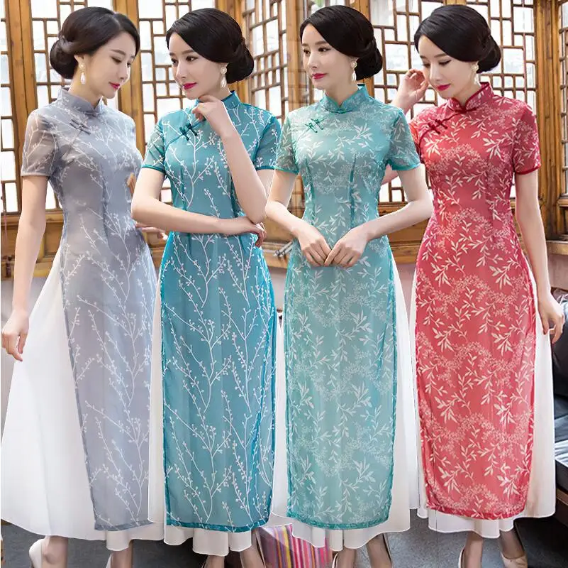 

2018 summer Vietnamese traditional clothing Aodai qipao dress gown long sleeve retro Chinese modified large Shina daily dress
