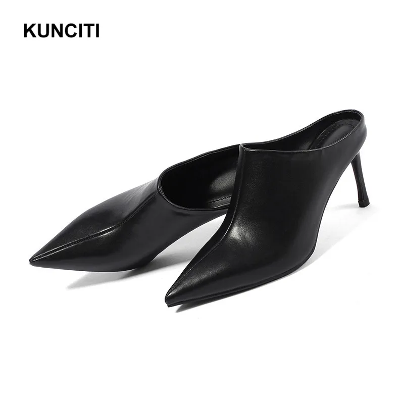 Новинка года; KUNCITI; женские шлепанцы на высоком каблуке; Цвет Черный; женские шлепанцы из натуральной кожи; Модные женские кожаные шлепанцы; S67