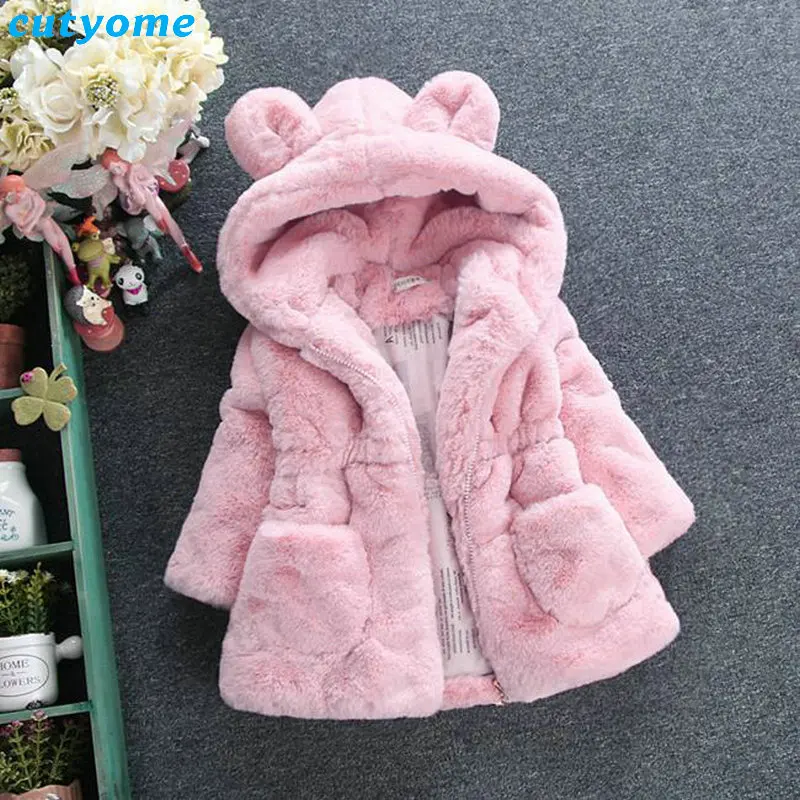 Thick Baby Coat 2021 Winter Clothes For Children Girls Faux Fur Pink White Black Hooded Kids Jacket Warm Outerwear | Детская одежда и