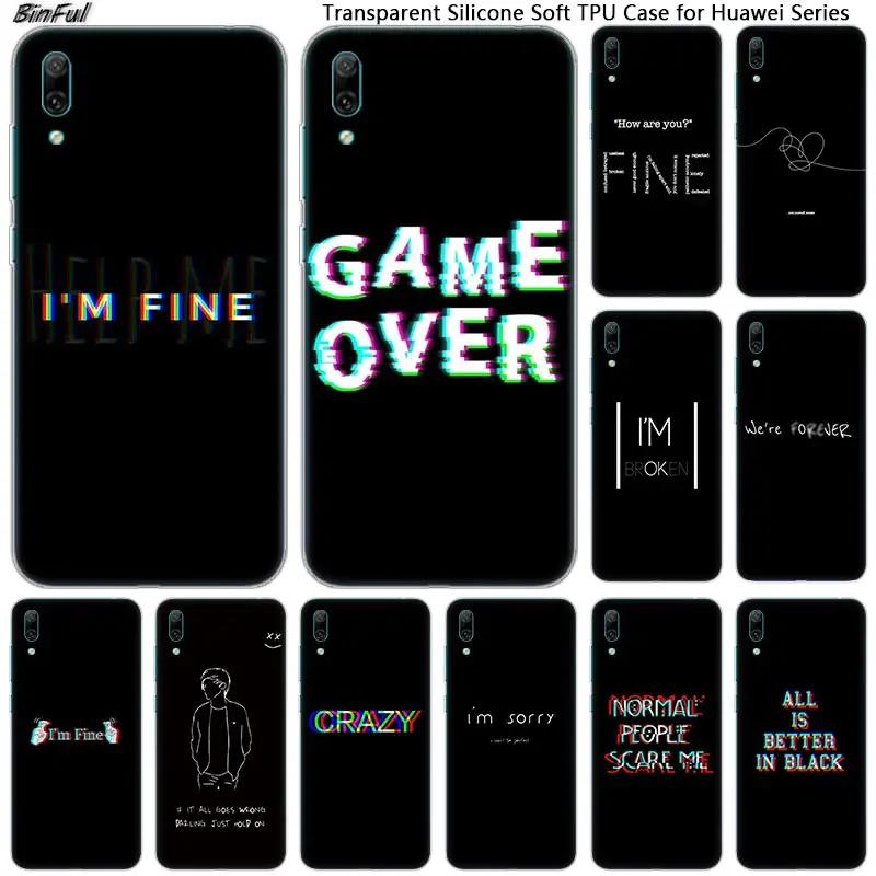 hot i am fine game over soft silicone phone case for huawei mate 10 20 lite pro enjoy 9s y9 y7 y6 y5 2019 2018 pro 2017 fashion free global shipping